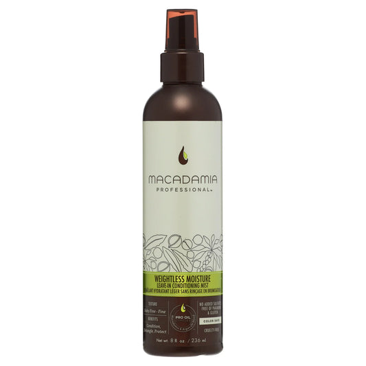 Macadamia Professional Weightless Moisture Leave-In Conditioning Mist bottle with dark brown container and cream label against white background.