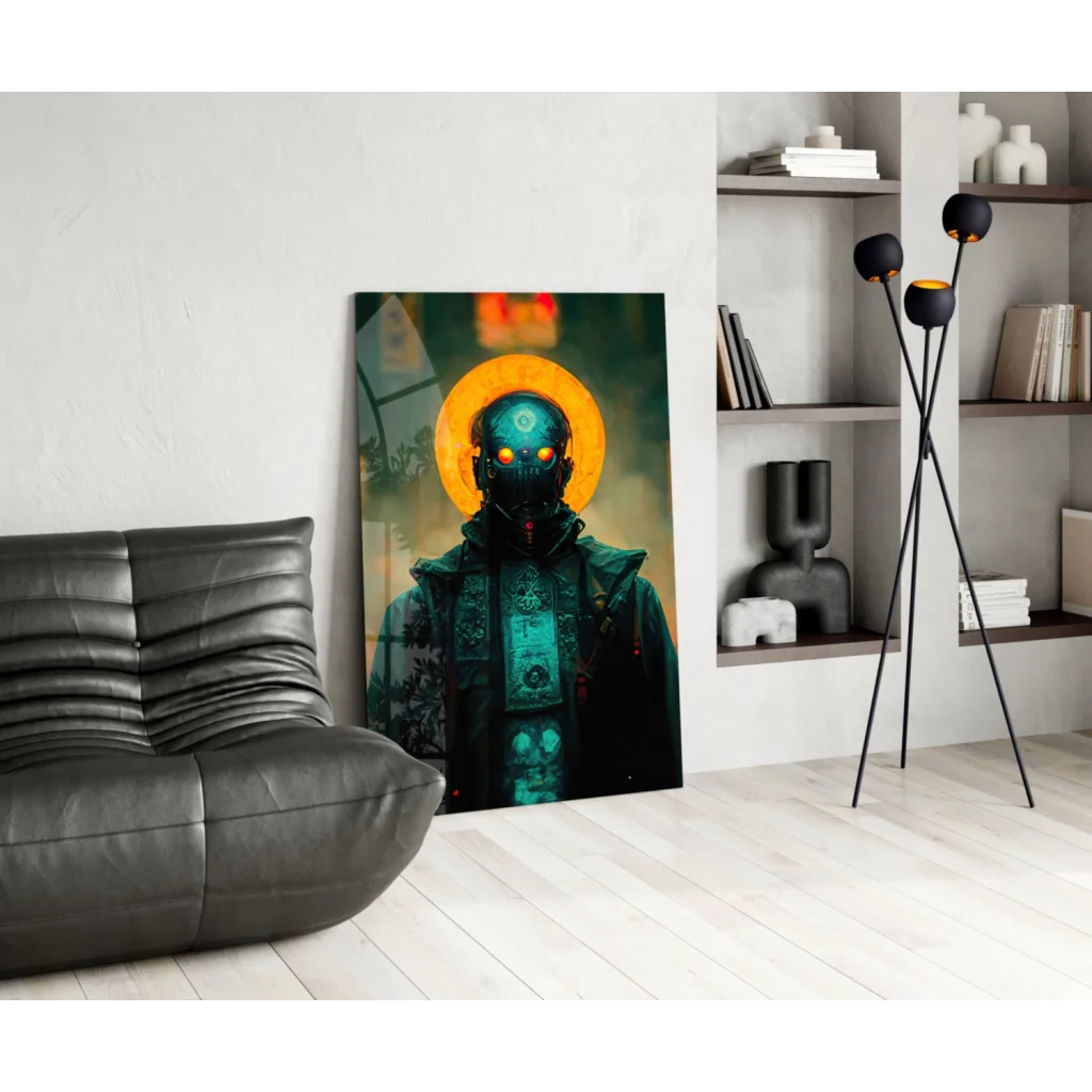 Teal and black robotic cyber warrior glass wall art with glowing orange eyes