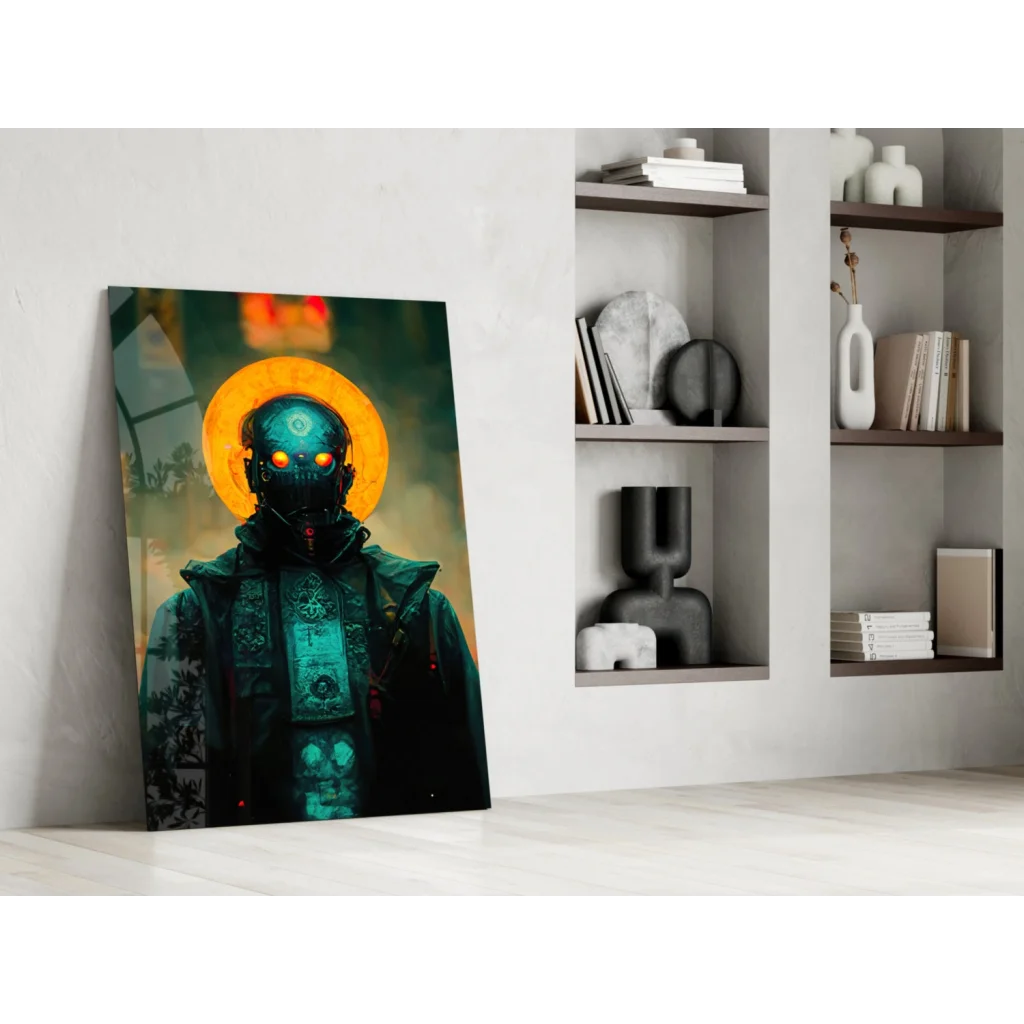 Futuristic cyber warrior glass wall art with glowing orange eyes