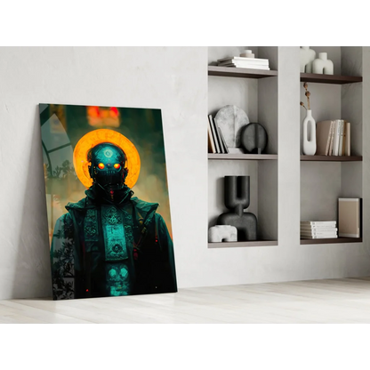 Futuristic cyber warrior glass wall art with glowing orange eyes