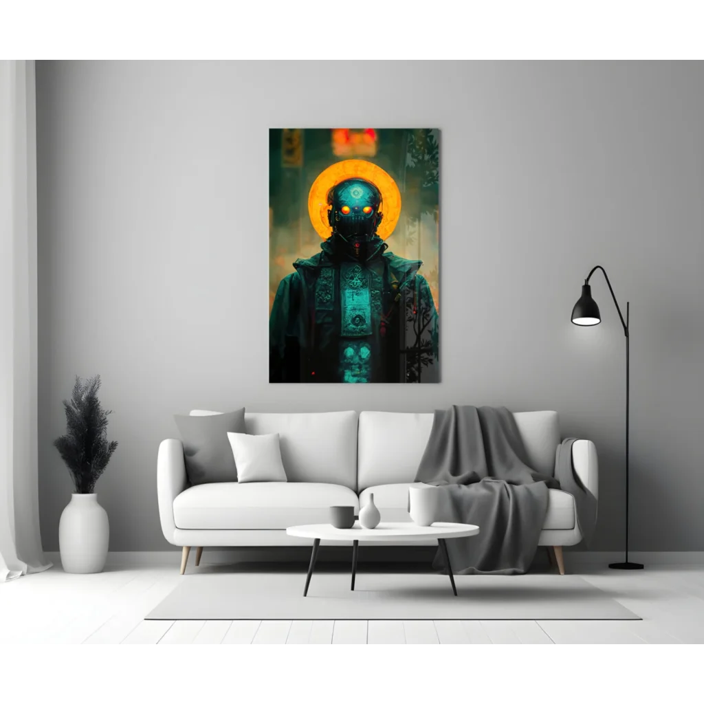 Futuristic Cyber Warrior Glass Wall Art with Glowing Eyes | Modern Wall Art Decor | vintageantiquesgifts.com