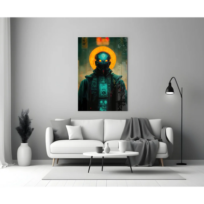 Futuristic Cyber Warrior Glass Wall Art with Glowing Eyes | Modern Wall Art Decor | vintageantiquesgifts.com