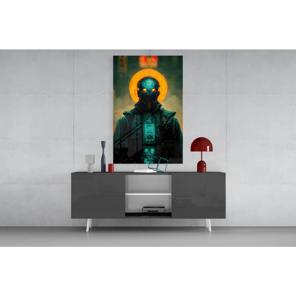 Teal black futuristic cyber warrior glass wall art with glowing orange eyes