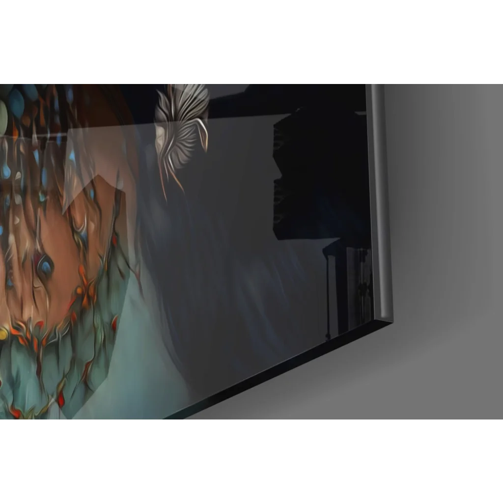 Stunning feathered goddess glass wall art with turquoise jewelry on sleek TV