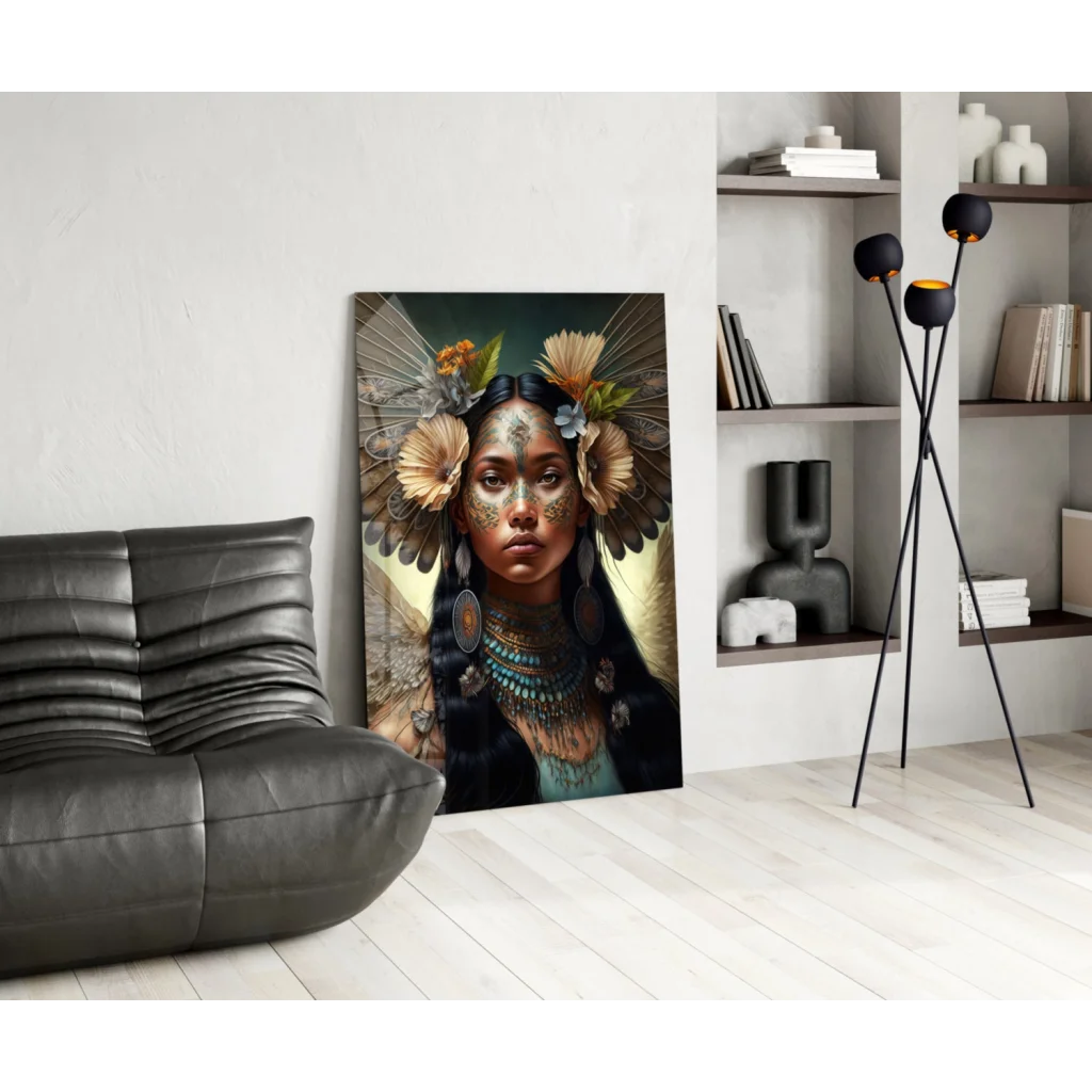 Stunning feathered goddess glass wall art with turquoise jewelry