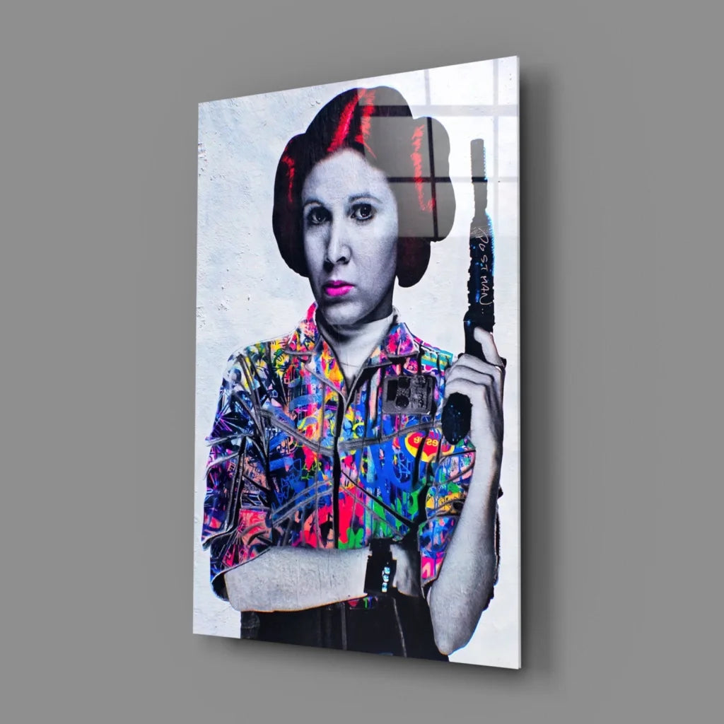 Colorful floral kimono jacket on glossy metallic glass wall art, Princess Leia pop art print 24x36
