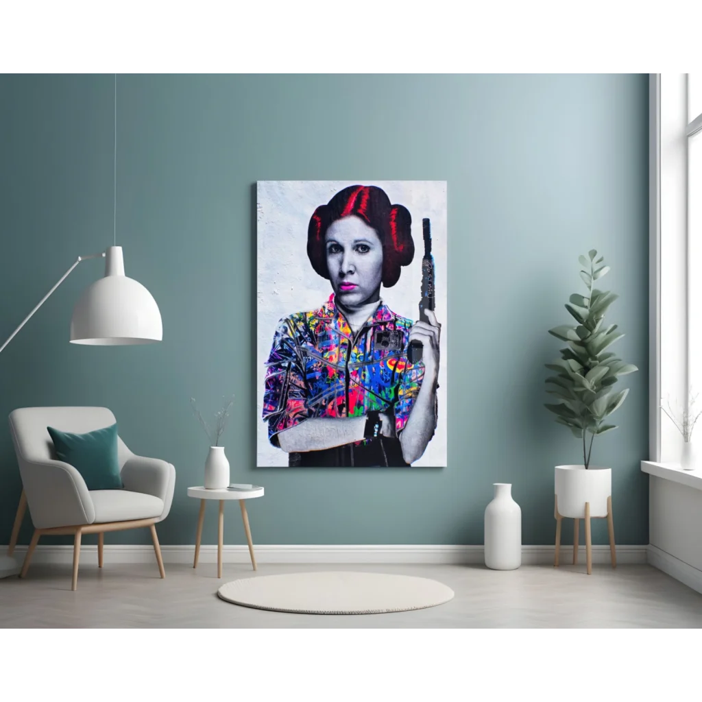 Princess Leia pop art glass wall print of red-haired woman with gun