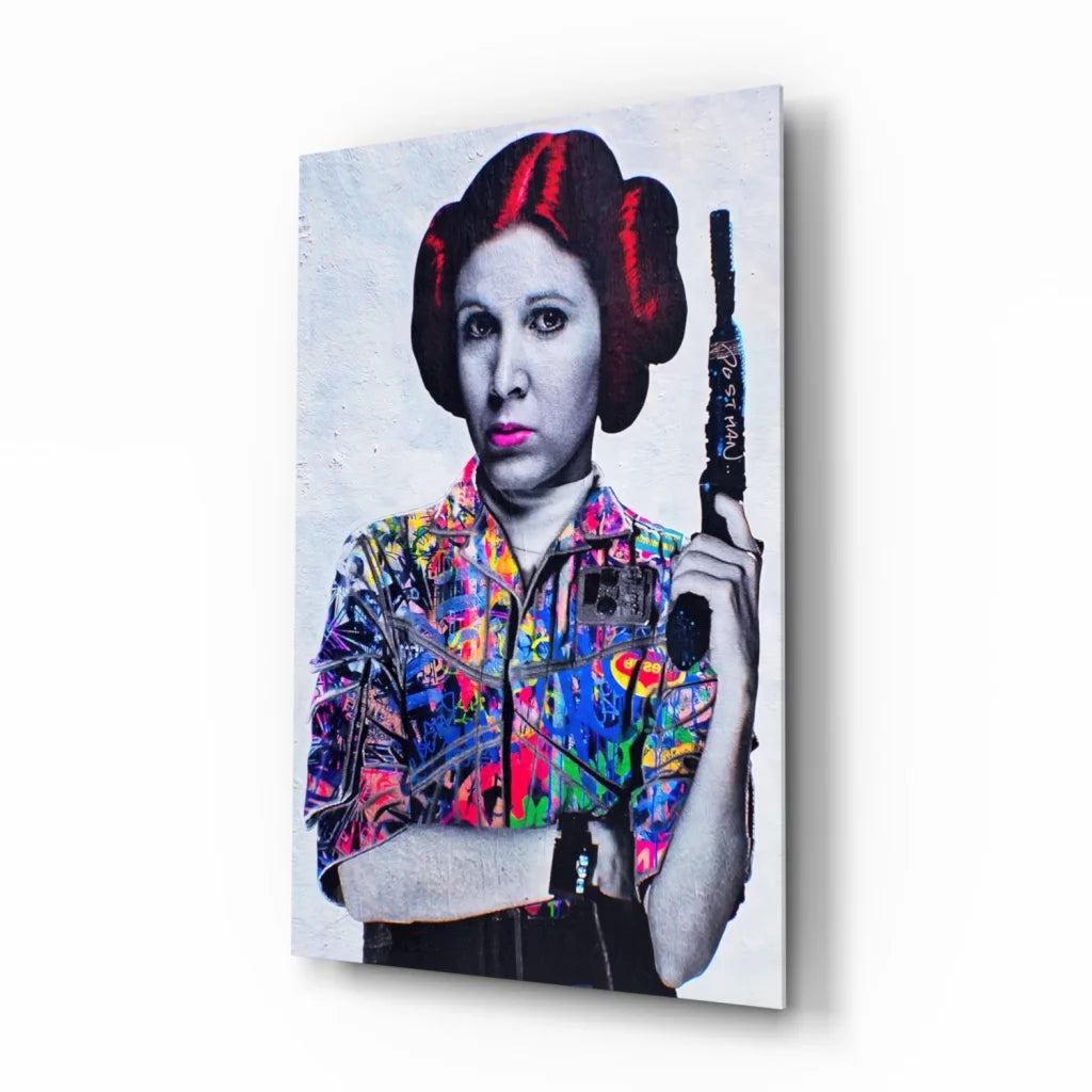 Princess Leia pop art glass wall art with colorful Hawaiian shirt
