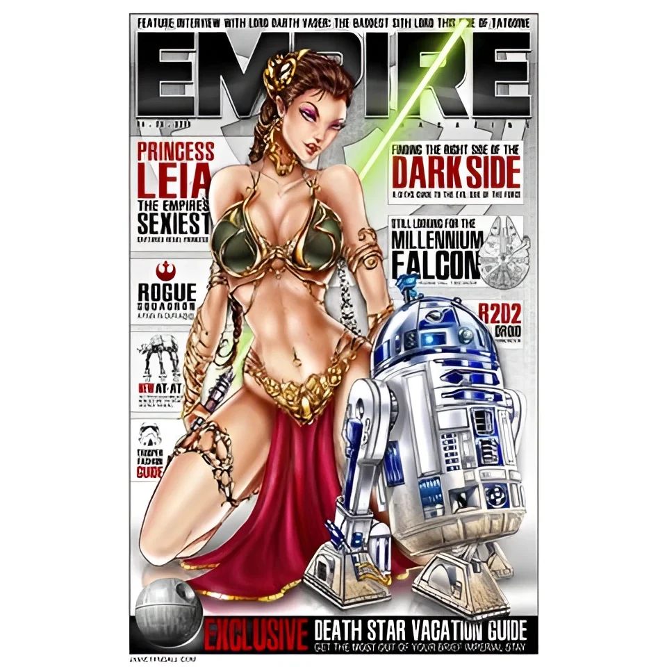 Princess Leia in green gold bikini and red skirt with R2-D2 brushed aluminum art print