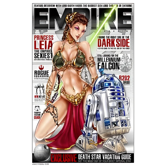 Princess Leia in green gold bikini and red skirt with R2-D2 brushed aluminum art print