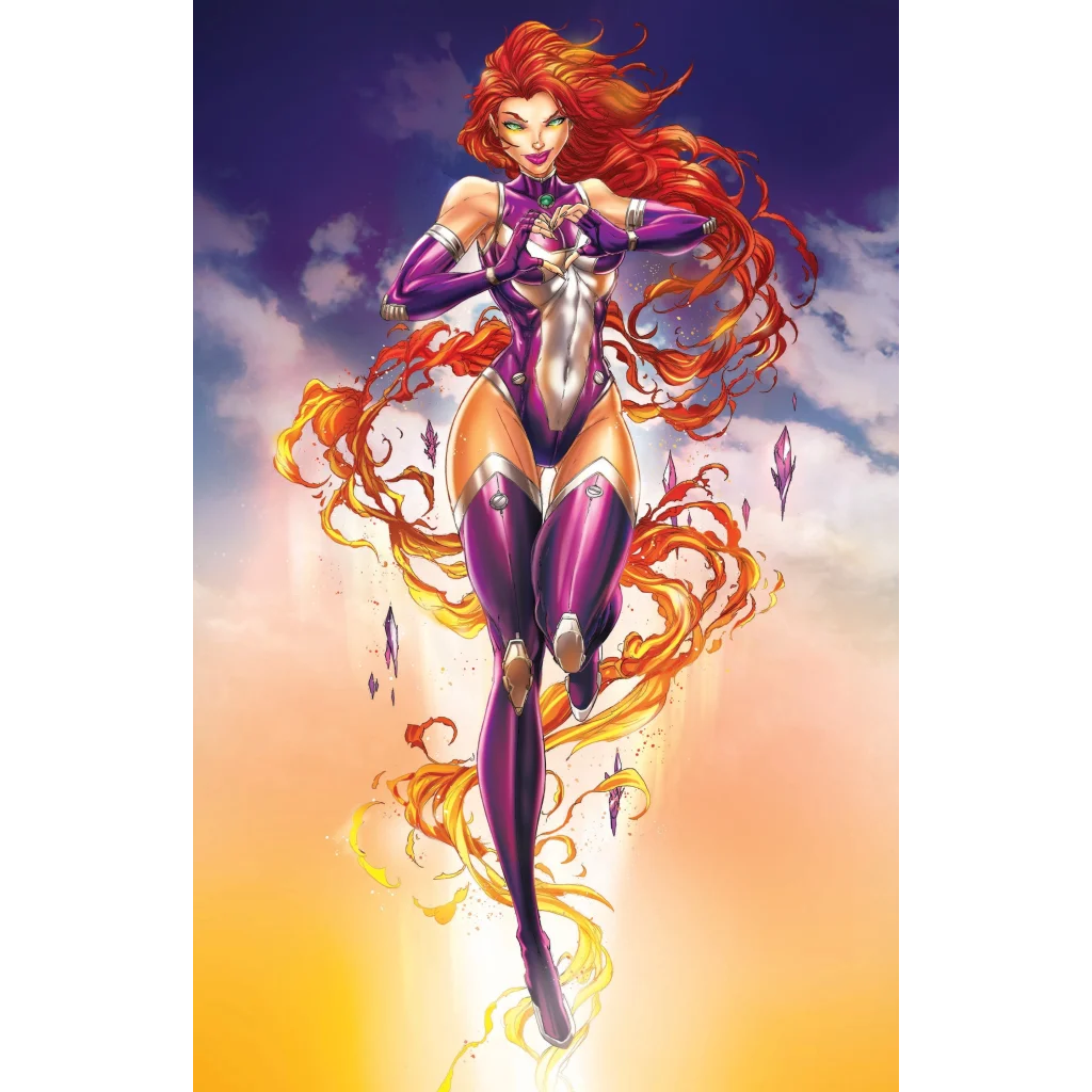 Princess Titan Virgin comic heroine with red hair, purple suit, and orange flames