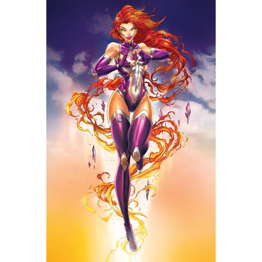 Princess Titan Virgin comic heroine with red hair, purple suit, and orange flames