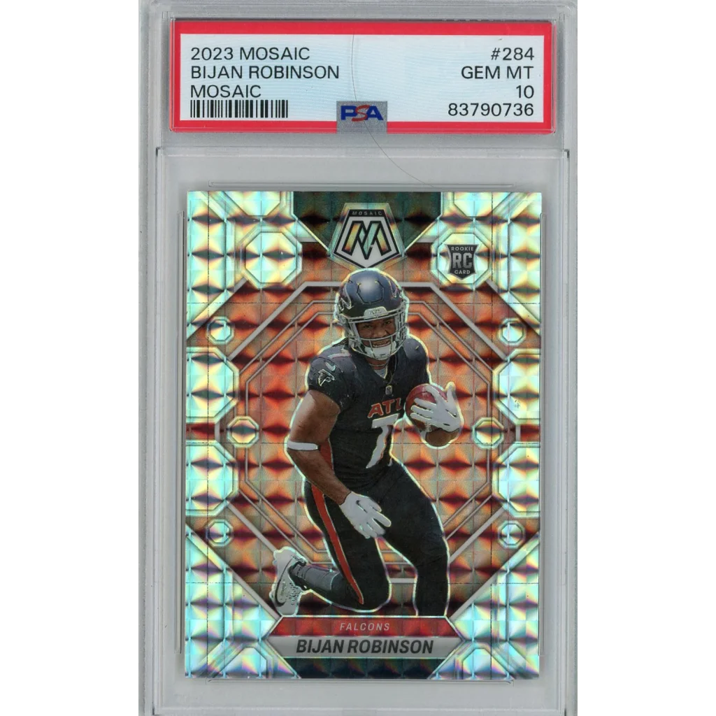 A graded 2023 Mosaic Bijan Robinson football card with GEM MT 10 rating
