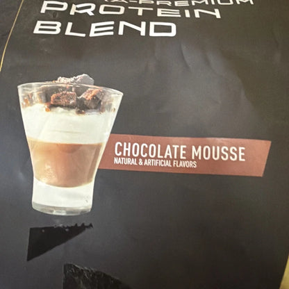 Pro JYM ultra premium protein chocolate mousse blend in glass cup
