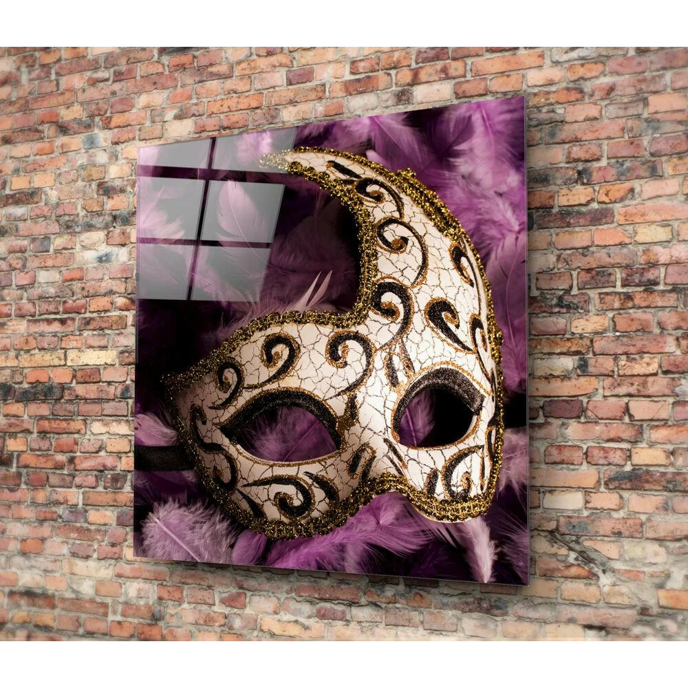 Elegant Venetian mask glass wall art with gold glitter accents