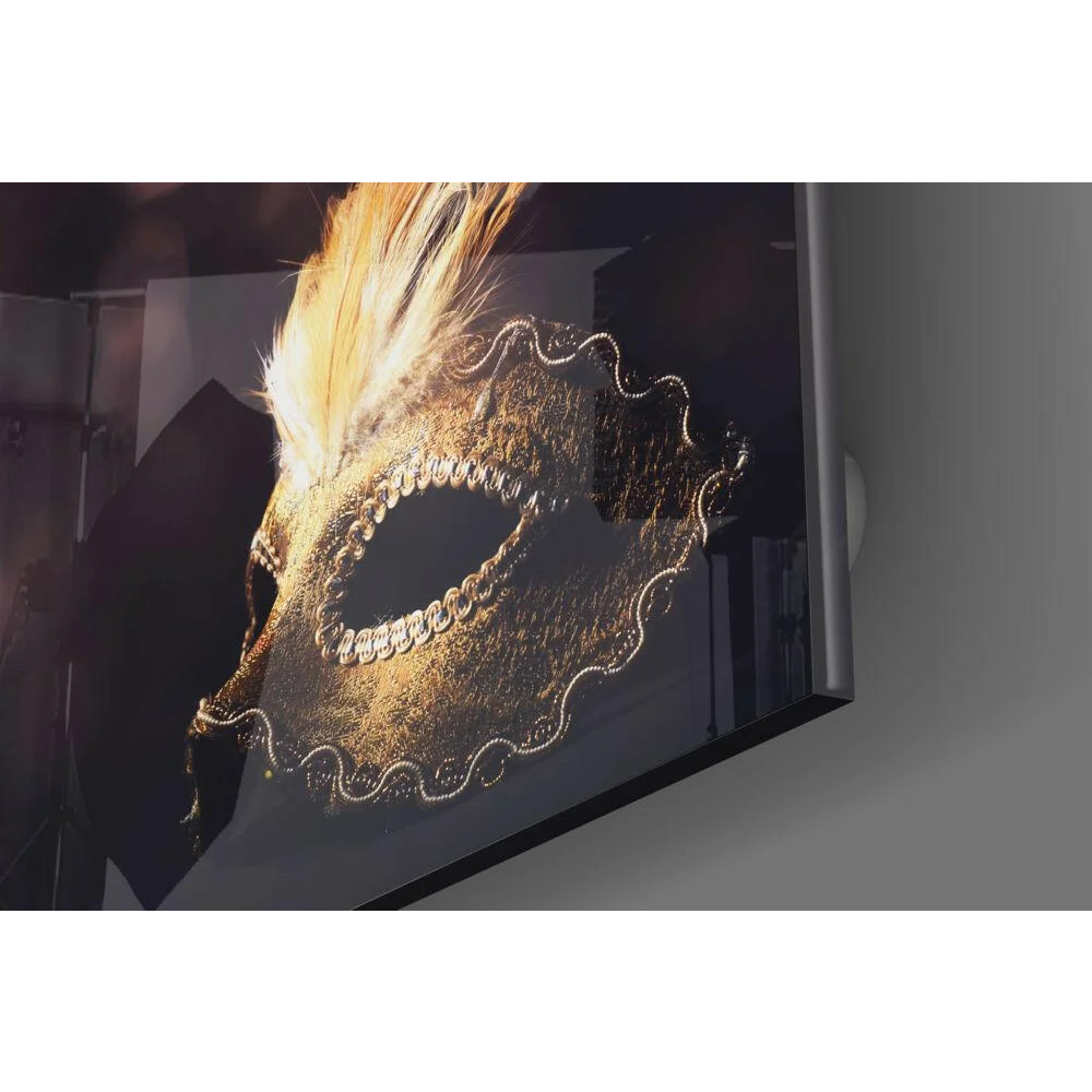 Luxe Gold Feather Masquerade Glass Wall Art with Ornate Beading