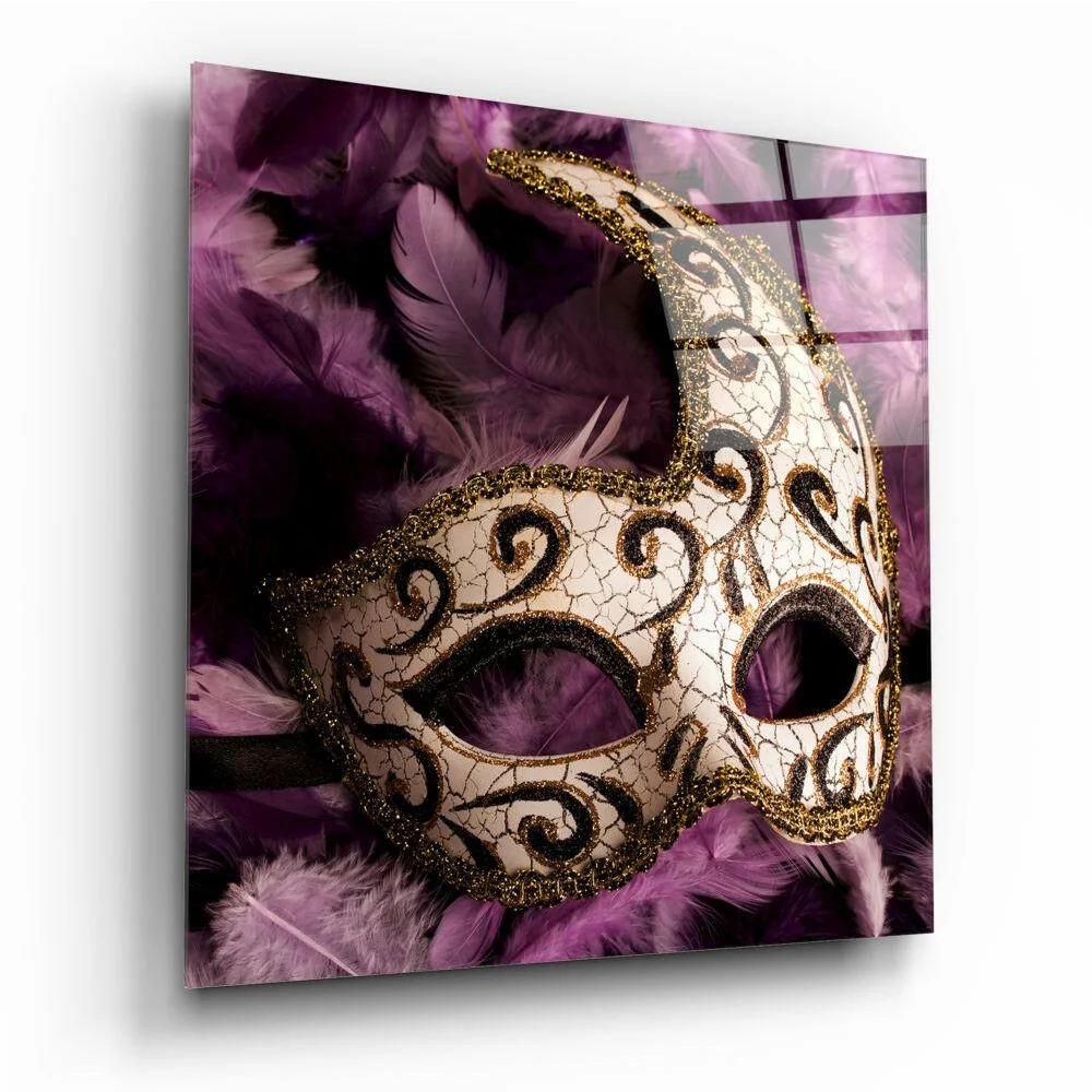 Elegant white and gold Venetian mask glass wall art with glitter accents