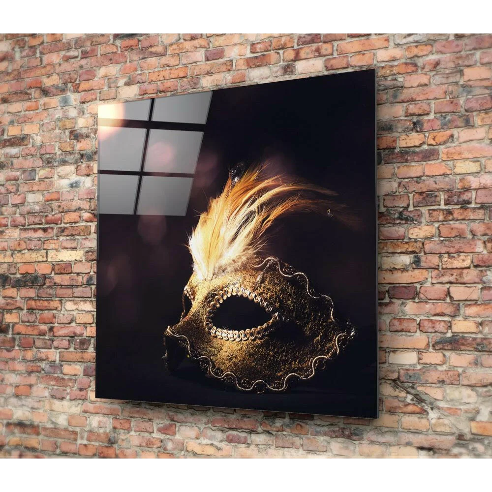 Luxe Gold Feather Masquerade glass wall art with ornate beaded mask