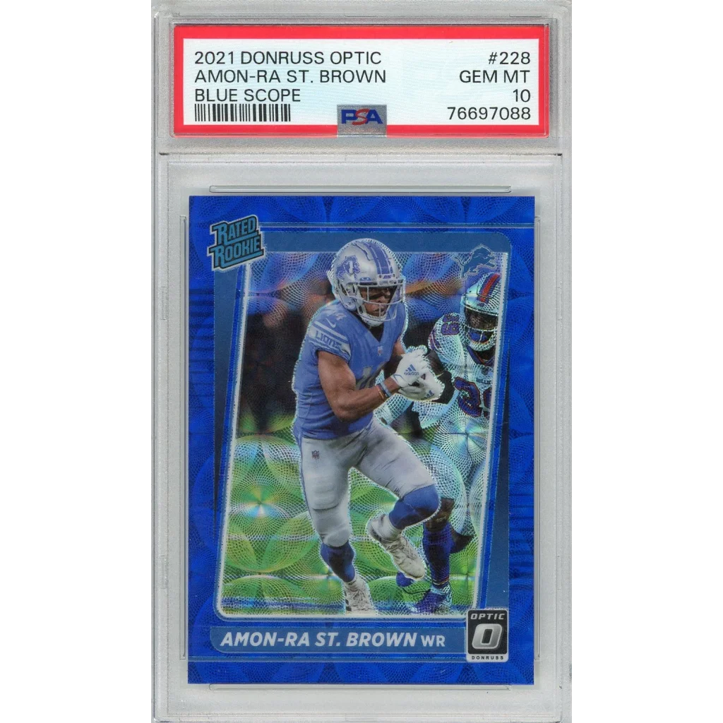 Graded 2021 Donruss Optic Amon-Ra St. Brown Blue Scope football card GEM MT 10