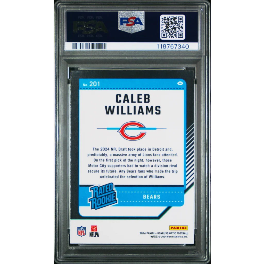 PSA 10 graded Caleb Williams 2024 Panini Chronicles Optic rookie card #201