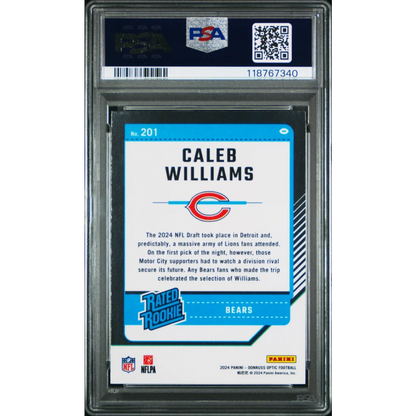 PSA 10 graded Caleb Williams 2024 Panini Chronicles Optic rookie card #201