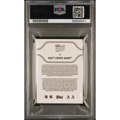 NHL Topps Now hockey card featuring Connor Bedard rookie stats in black and white design