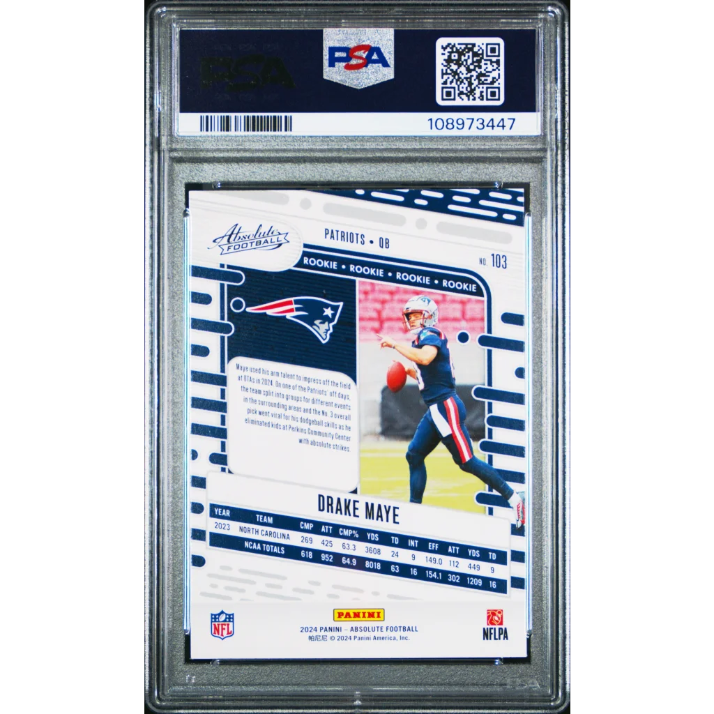 PSA 10 Drake Maye 2023 Panini Absolute silver rookie card #183