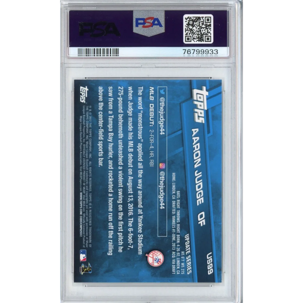 PSA 10 Gem Mint Aaron Judge 2017 Topps Rookie Debut blue card in sleeve
