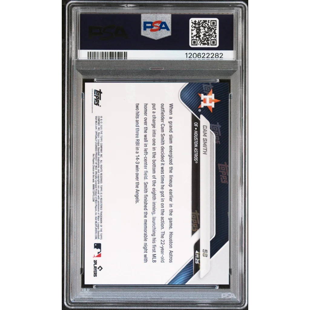 PSA 10 Gem Mint Cam Smith 2025 Topps Now baseball card in blue-white design sleeve