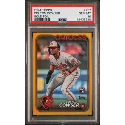 A graded PSA 10 Gem Mint 2024 Topps Colton Cowser Gold Foil baseball card