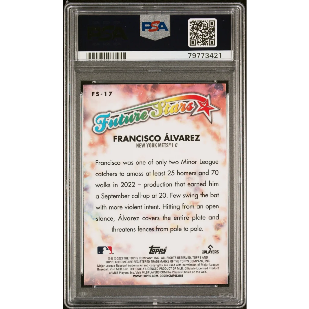 Graded PSA 10 GEM MINT Francisco Alvarez baseball trading card on display