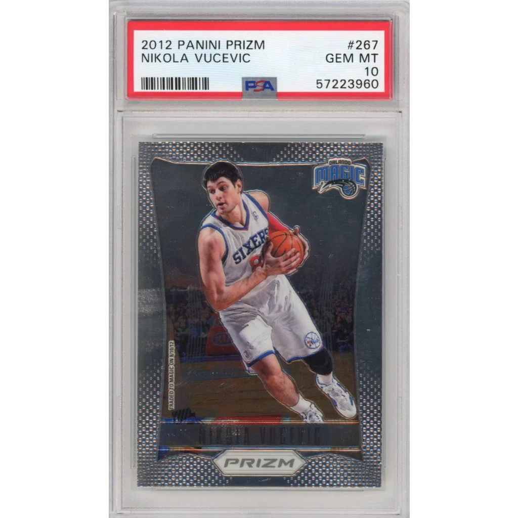 A graded PSA GEM MT 10 Nikola Vucevic 2012 Panini Prizm rookie basketball card
