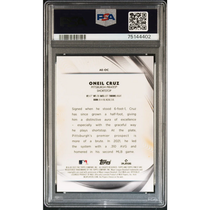 A graded PSA 10 Gem Mint Oneil Cruz 2022 Topps Finest Aura of Excellence baseball card