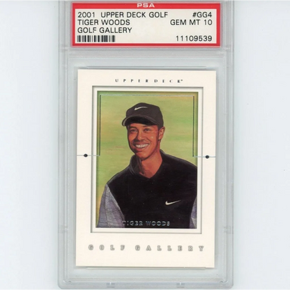 A graded Gem Mint 10 2001 Upper Deck Golf Gallery Tiger Woods card displayed in product shot