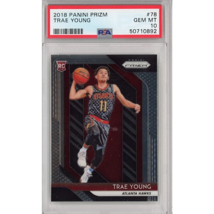 A graded Gem Mint 10 Trae Young 2018 Panini Prizm rookie basketball card