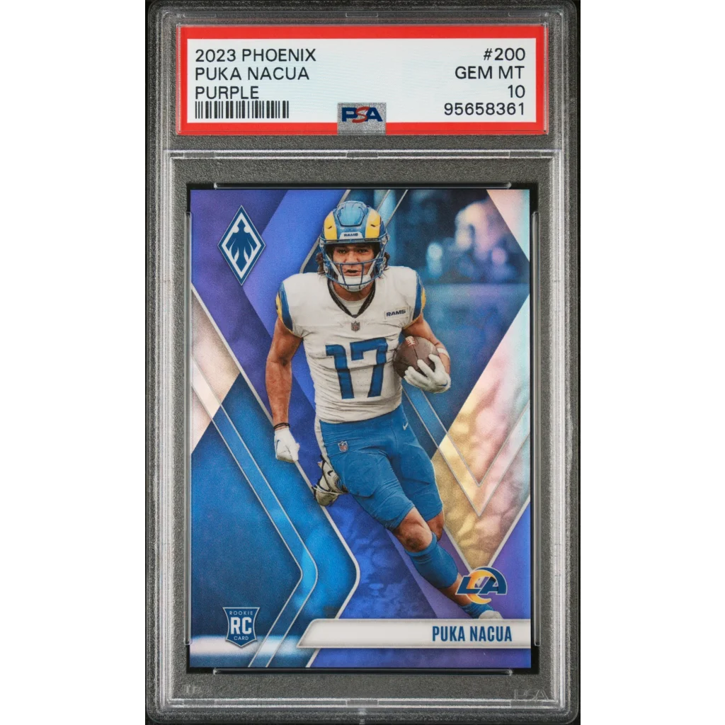 2023 Phoenix Purple Puka Nacua football card, PSA 10 Gem Mint