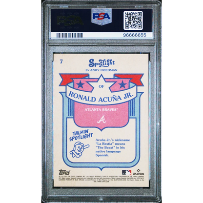 Graded PSA 10 Ronald Acuña Jr 2024 Topps Spotlight baseball card on display