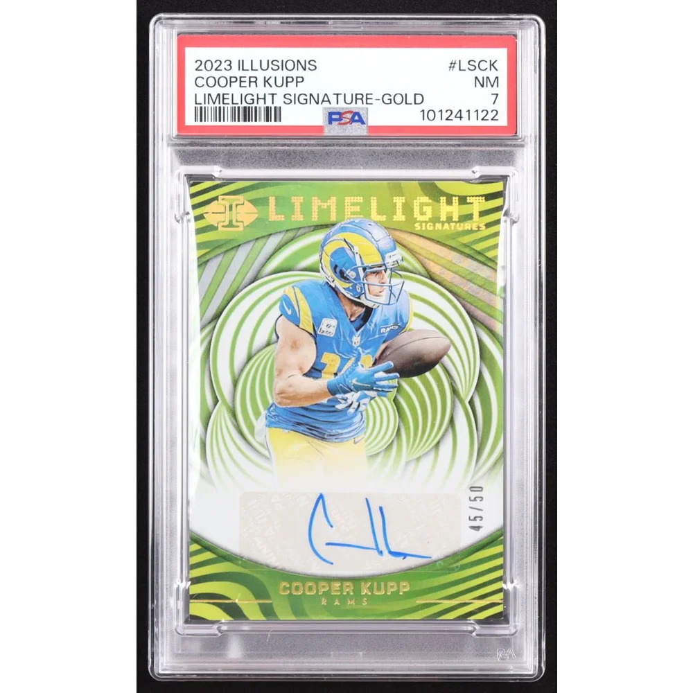 2023 Illusions Cooper Kupp Limelight Gold Auto football card numbered 45/50 with autograph