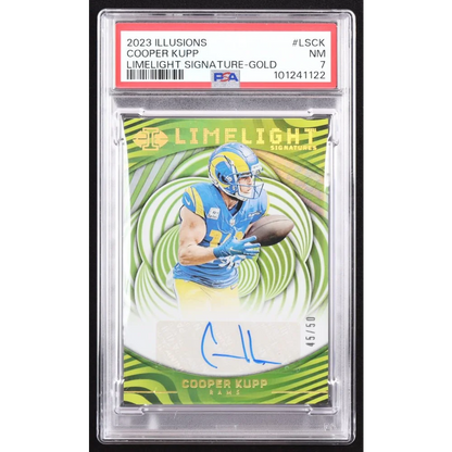 2023 Illusions Cooper Kupp Limelight Gold Auto football card numbered 45/50 with autograph