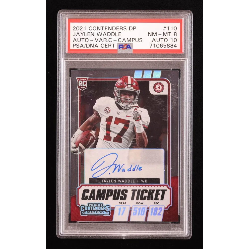 Graded 2021 Contenders DP Jaylen Waddle autographed rookie football card in PSA 8 condition