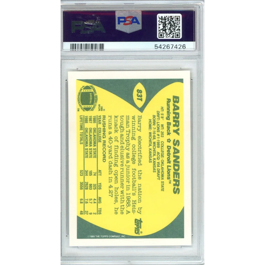 1987 Topps football card of Barry Sanders with green and yellow design in PSA 9 grade