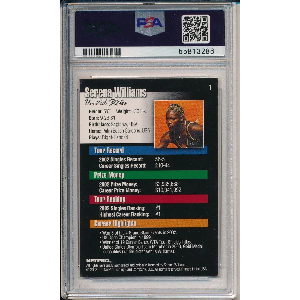 Encapsulated Serena Williams trading card from 2003 NetPro graded PSA 9