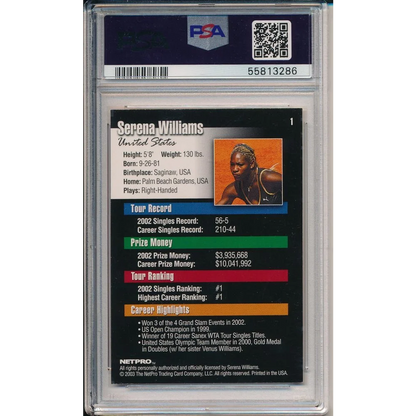 Encapsulated Serena Williams trading card from 2003 NetPro graded PSA 9