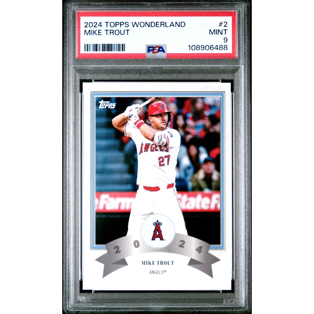 Close-up of PSA 9 Mike Trout 2024 Topps Baseball Wonderland graded card