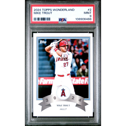 Close-up of PSA 9 Mike Trout 2024 Topps Baseball Wonderland graded card