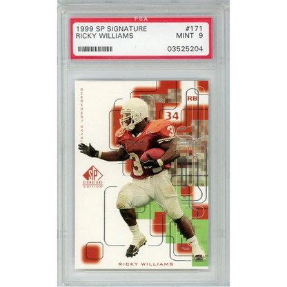 PSA 9 Mint 1999 SP Signature Ricky Williams football card #171 on display
