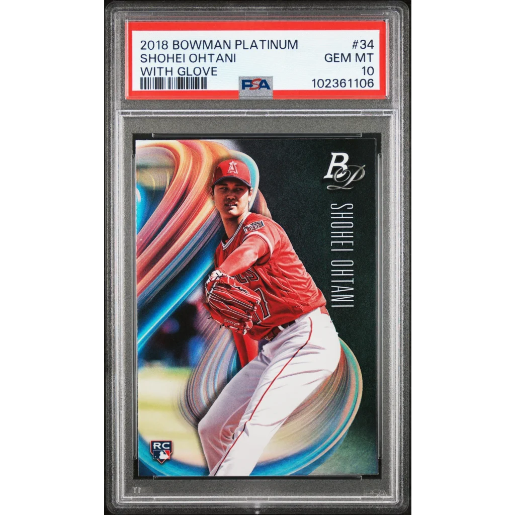 Gem Mint 10 Shohei Ohtani 2018 Bowman Platinum card with glove