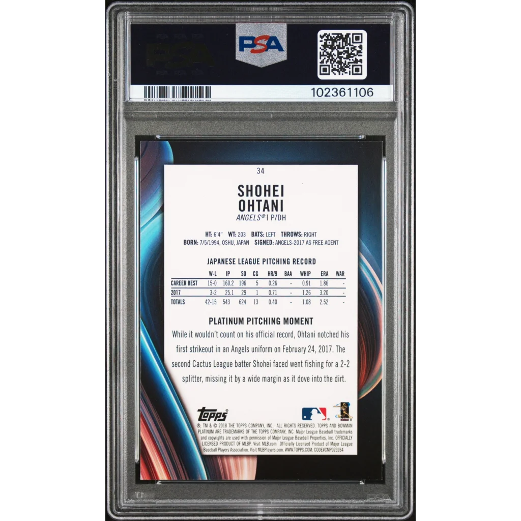 PSA Gem Mint 10 Shohei Ohtani 2018 Bowman Platinum baseball card with stats