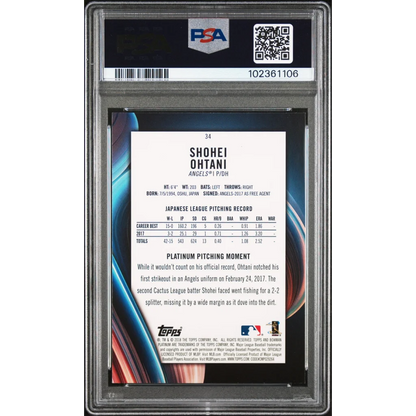 PSA Gem Mint 10 Shohei Ohtani 2018 Bowman Platinum baseball card with stats