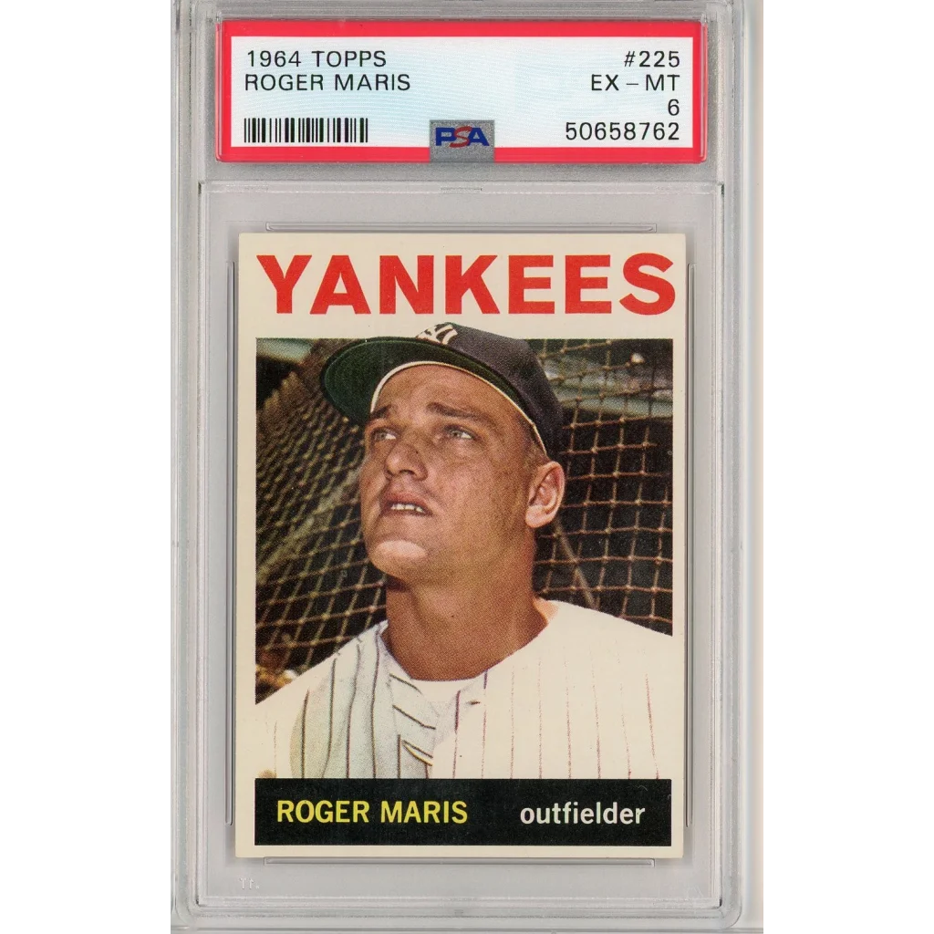 PSA graded 1964 Topps Roger Maris baseball card in a product display